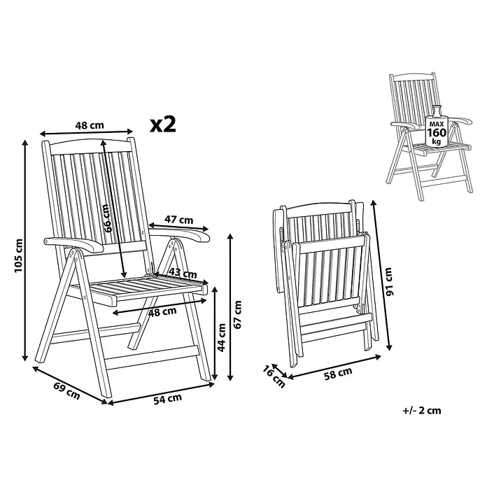 2er-Set Gartenstuhl JAVA in Braun -  - 2er-Set klappbare Gartenstühle mit Maßen (offen 105x69x54 cm, geklappt 91x58x16 cm), max. 160 kg.