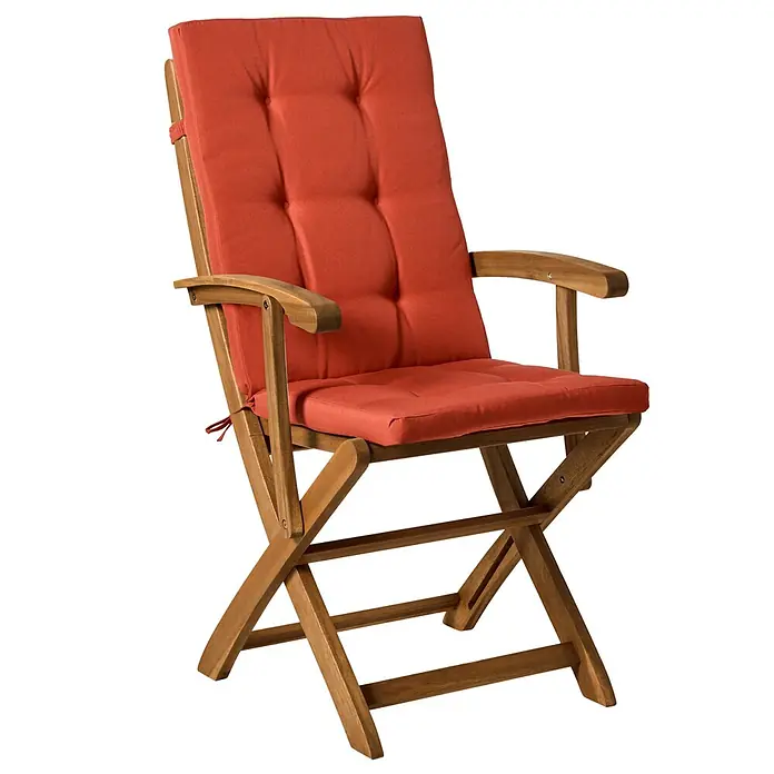 Beliani Gartenstuhl-Set MAUI PREMIUM - 2 Stk., Akazienholz, Klappbar, Braun, B x T x H: 46 x 48 x 92 cm - Klappbarer Holzstuhl mit roten, getufteten Polstern, für Komfort und einfache Lagerung.