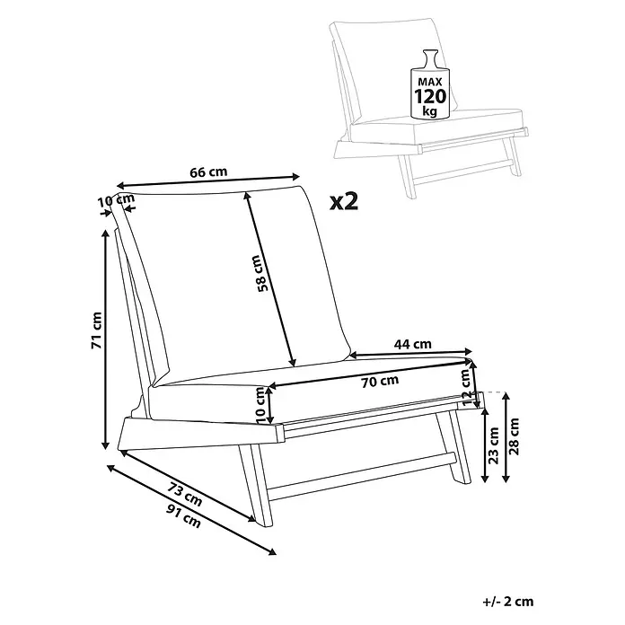 Beliani Gartenstuhl-Set MICCIANO - 2 Stk., Akazienholz, Braun, B x T x H: 70 x 91 x 71 cm - Hölzerner Loungesessel mit hellen Polstern, Maßen und 120 kg max. Belastung.