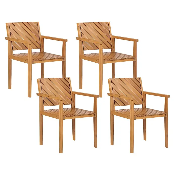 Beliani Gartenstuhl-Set BARATTI - 4 Stk., Akazienholz, Braun, B x T x H: 55 x 40 x 82 cm - Vier Terrassenstühle aus Naturholz mit Armlehnen, Lattenrosten und diagonalen Rückenlehnen.