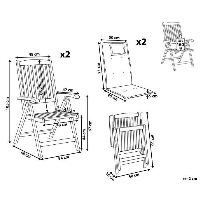 2er-Set Gartenstuhl AMANTEA in Braun/Blau -  - Zwei klappbare Holz-Gartenstühle mit Auflagen, zeigen Maße für offene und gefaltete Stühle, Auflagen und 160 kg Gewichtsgrenze.