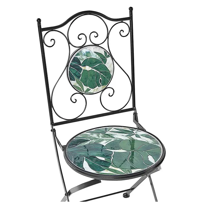 2er-Set Gartenstuhl COZZANA in Schwarz/Grün -  - Schwarzer Schmiedeeisenstuhl mit grüner Blätter-Mosaik-Sitzfläche und Rückenlehne.