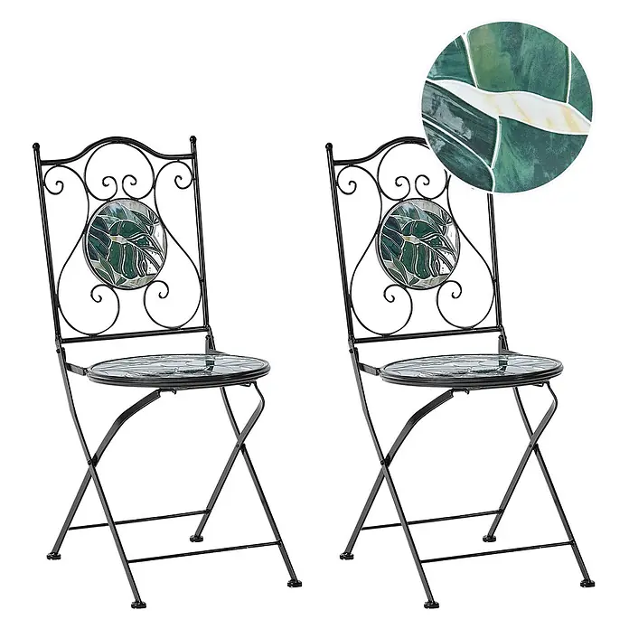 2er-Set Gartenstuhl COZZANA in Schwarz/Grün -  - Zwei schwarze Metall-Klappstühle mit grüner Blattmosaik auf den Sitzen und Rückenlehnen.
