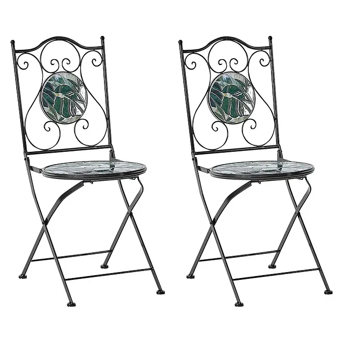 2er-Set Gartenstuhl COZZANA in Schwarz/Grün -  - Zwei schwarze Metall-Klappstühle mit grünen Blattmosaik-Rückenlehnen und gemusterten Glassitzflächen.