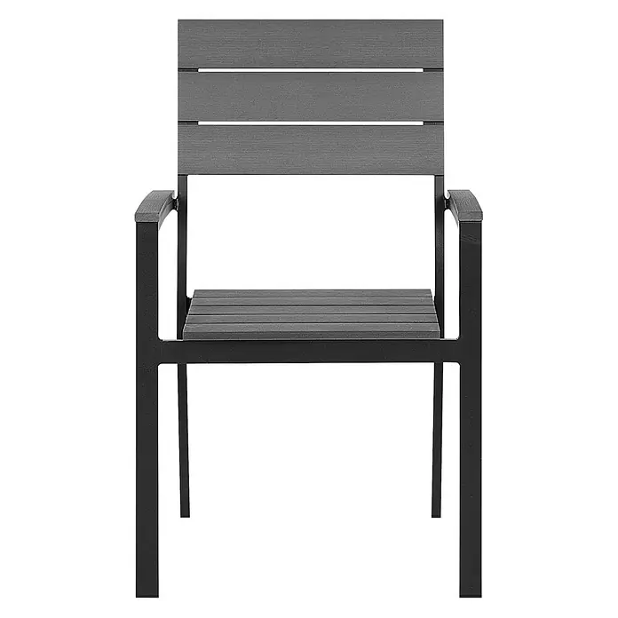 6er-Set Gartenstuhl COMO in Grau/Schwarz -  - Vorderansicht eines modernen Gartenstuhls mit dunkelgrauer Lattenrückenlehne und Sitzfläche sowie schwarzem Metallrahmen mit Armlehnen.