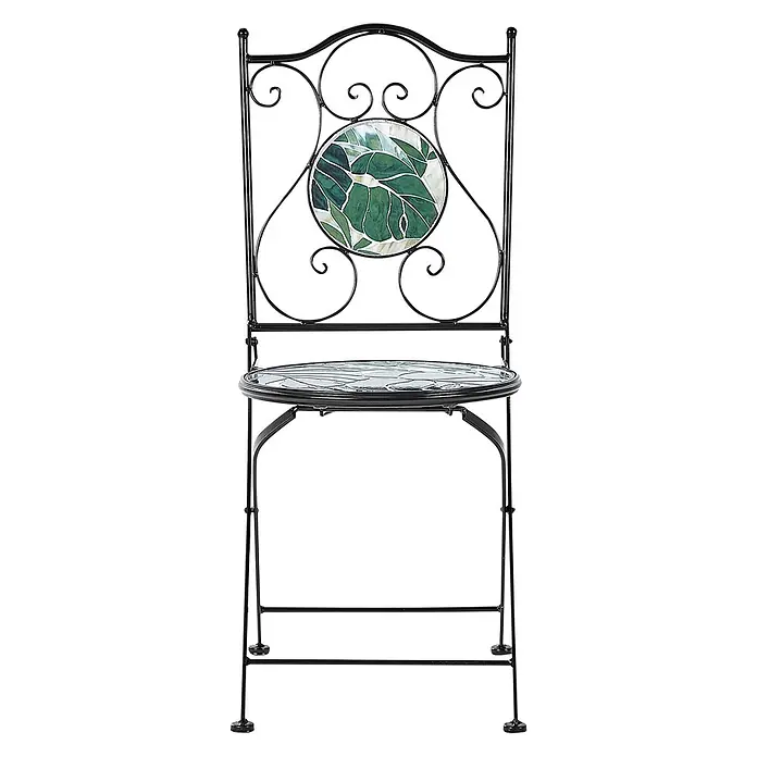 2er-Set Gartenstuhl COZZANA in Schwarz/Grün -  - Schwarzer Metallstuhl mit verschnörkeltem Rahmen und runden Mosaik-Blattmustern an Rückenlehne und Sitzfläche.