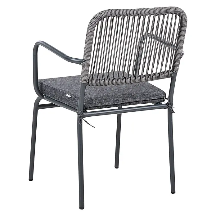 16er-Set Gartenstuhl TACENO in Grau -  - Grauer Outdoor-Sessel mit Metallgestell, geflochtener Seil-Rückenlehne und dunkelgrauem Stoffkissen.