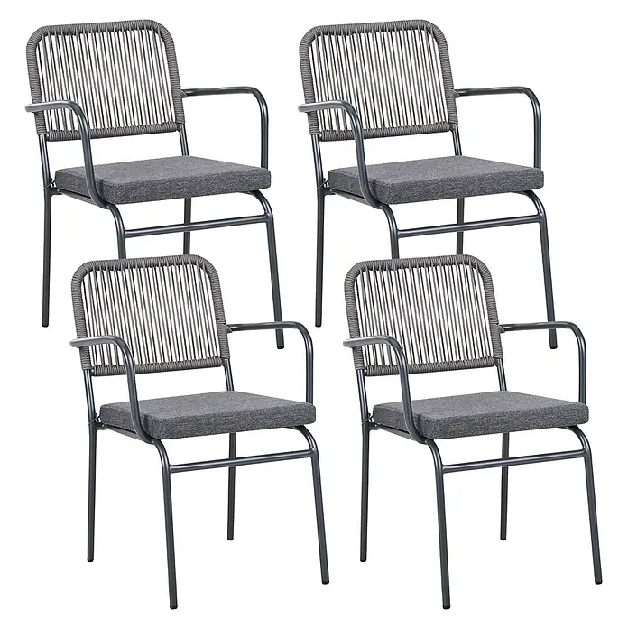 8er-Set Gartenstuhl TACENO in Grau -  - Vier dunkelgraue Outdoor-Stühle mit Metallrahmen, geflochtenen Seillehnen und Stoffpolstern.