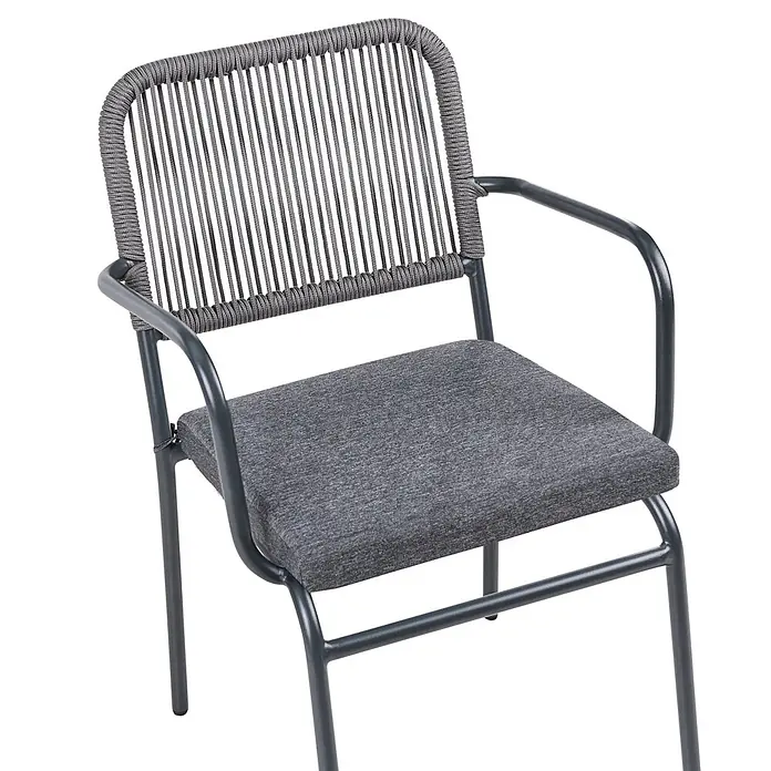 16er-Set Gartenstuhl TACENO in Grau -  - Grauer Metall-Sessel mit geflochtener Seil-Rückenlehne und Stoff-Sitzkissen.