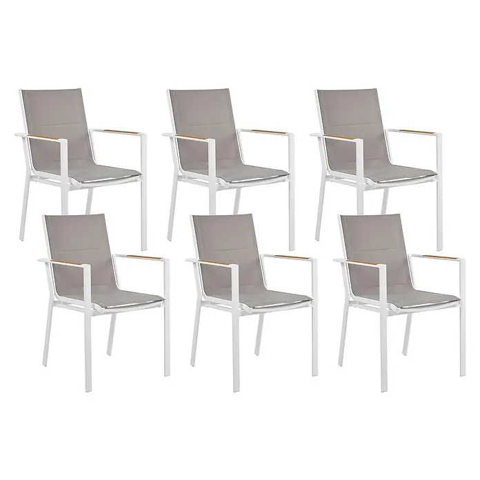 6er-Set Gartenstuhl BUSSETO in Weiß/Grau/Braun -  - Set aus sechs weißen Outdoor-Esszimmerstühlen mit grauen Stoffbezügen und Holzarmlehnen.