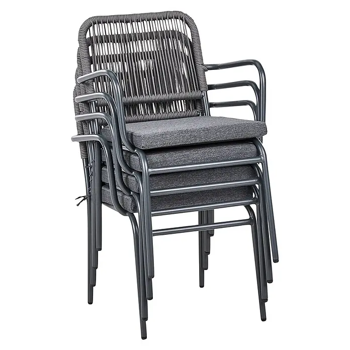 16er-Set Gartenstuhl TACENO in Grau -  - Stapelbare anthrazitfarbene Outdoor-Sessel mit Metallrahmen, geflochtener Seil-Rückenlehne/Armlehnen & Stoffkissen.