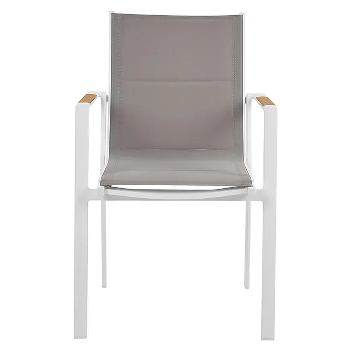6er-Set Gartenstuhl BUSSETO in Weiß/Grau/Braun -  - Weißer Aluminium Outdoor-Sessel mit grauem Sling-Stoff Sitz und Rückenlehne, sowie Holzarmlehnen.