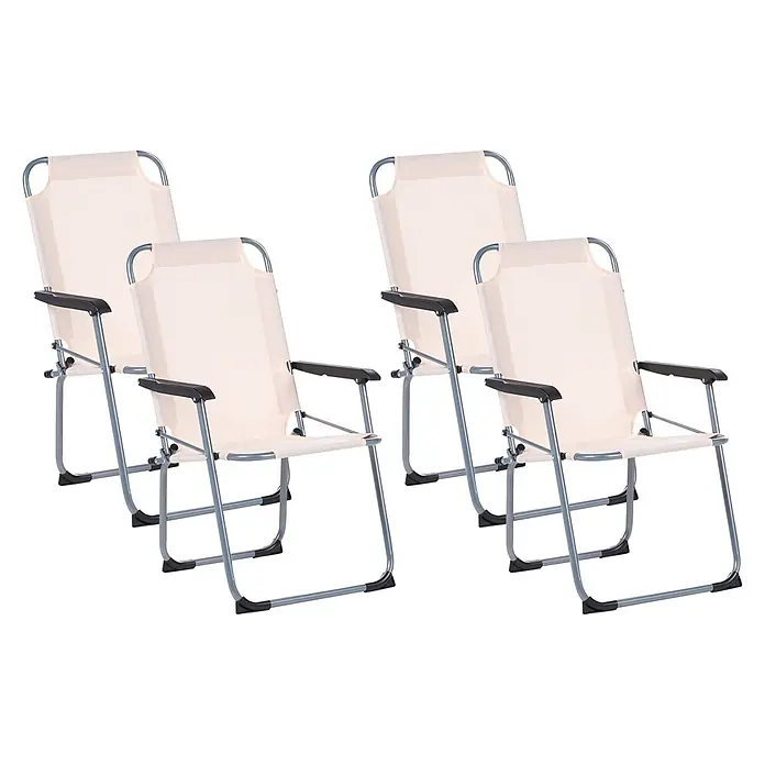4er-Set Gartenstuhl GALATSI in Beige/Schwarz/Grau -  - Vier hellbeige Klappstühle mit silbernen Metallgestellen und schwarzen Armlehnen.
