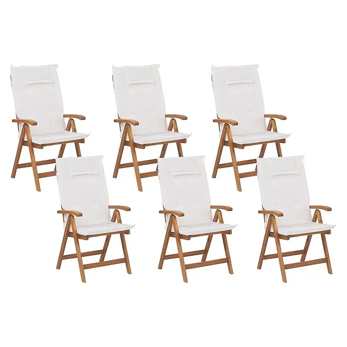 12er-Set Gartenstuhl JAVA in Braun/Weiß -  - Sechs klappbare Gartenstühle aus Holz mit weißen Kissen und Kopfstützen.