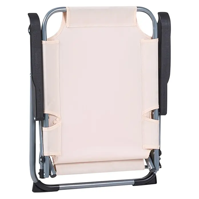 4er-Set Gartenstuhl GALATSI in Beige/Schwarz/Grau -  - Rückenansicht eines beigen Klappstuhls aus Stoff mit grauem Metallrahmen und schwarzen Armlehnen, tragbar.