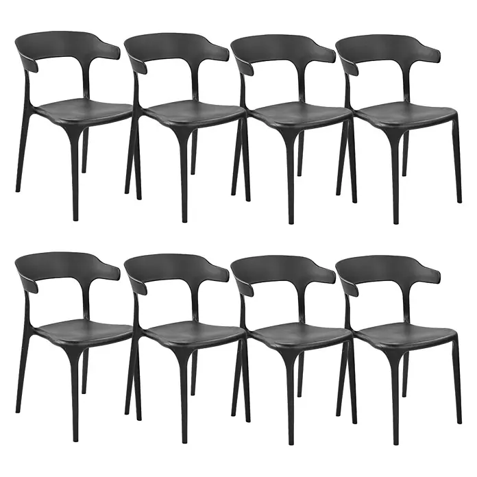 8er-Set Gartenstuhl GUBBIO in Schwarz -  - Acht moderne schwarze Kunststoffstühle mit gebogenen Rückenlehnen und Armlehnen.