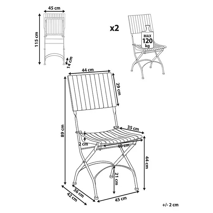 2er-Set Gartenstuhl LASCARI in Braun/Schwarz -  - Illustration eines Metall-Klappgartenstuhls mit Maßen und einer max. Belastung von 120 kg, offen und zusammengeklappt gezeigt.