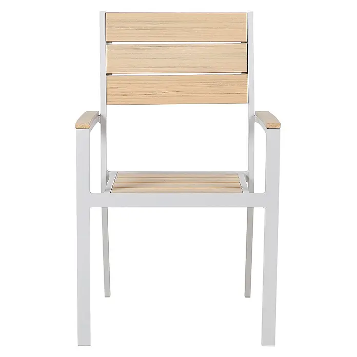 4er-Set Gartenstuhl PRATO in Beige/Weiß -  - Weißer Metallstuhl mit heller Holzlamellen-Rückenlehne, -Sitzfläche und -Armlehnen.