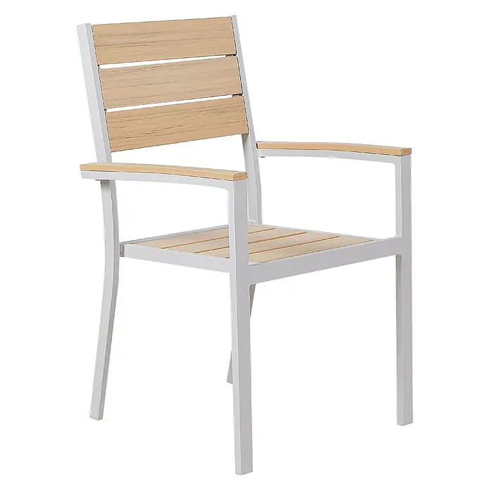 4er-Set Gartenstuhl PRATO in Beige/Weiß -  - Outdoor-Stuhl mit weißem Gestell und hellen Holzlamellen an Rücken, Sitz und Armlehnen.