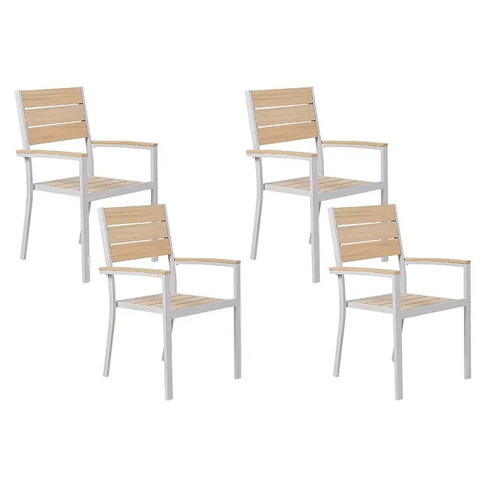 4er-Set Gartenstuhl PRATO in Beige/Weiß -  - Vier Outdoor-Stühle mit weißem Gestell und hellbraunen Latten an Sitzflächen, Rückenlehnen und Armlehnen.