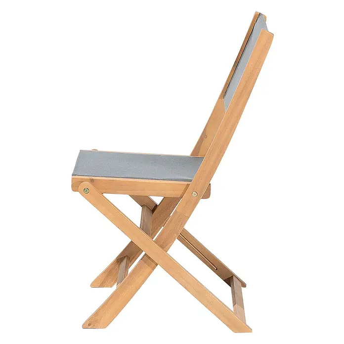 Beliani Gartenstuhl-Set CESANA - 2 Stk., Akazienholz, Klappbar, Grau, B x T x H: 57 x 50 x 90 cm - Klappstuhl aus Holz mit grauer Stoffbespannung für Sitz und Rückenlehne, seitlich abgebildet.