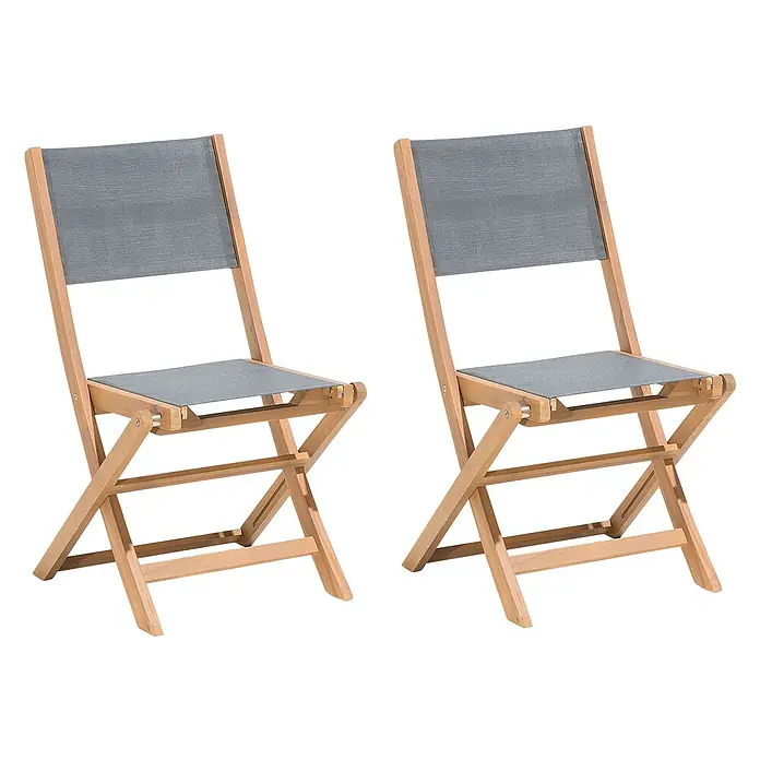 Beliani Gartenstuhl-Set CESANA - 2 Stk., Akazienholz, Klappbar, Grau, B x T x H: 57 x 50 x 90 cm - Zwei klappbare Holzstühle mit grauen Stoffbezügen.
