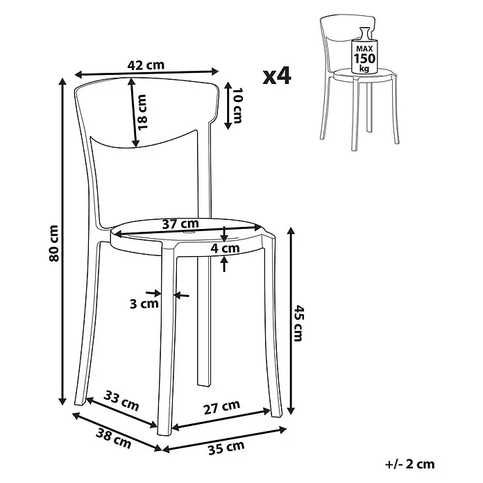 4er-Set Esszimmerstuhl VIESTE in Gelb -  - Maße eines Stuhls: 80 cm Gesamthöhe, 45 cm Sitzhöhe, 37 cm Sitzbreite. Max. Belastung 150 kg. Im 4er-Pack erhältlich.