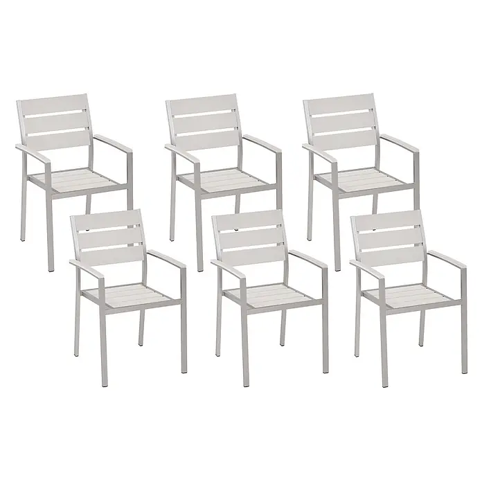 6er-Set Gartenstuhl VERNIO in Weiß/Silber -  - Set aus sechs hellgrauen Aluminium-Gartenstühlen mit Lamellensitzen und -lehnen.