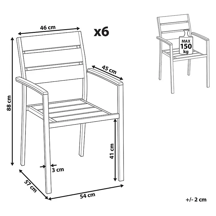6er-Set Gartenstuhl VERNIO in Weiß/Silber -  - Sechs Stühle mit Armlehnen, Skizze mit Maßen (z.B. 88 cm hoch, 41 cm Sitzhöhe) und 150 kg max. Belastung.