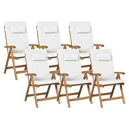 Gartenstuhl 6er Set mit Auflagen Hellbraun u. Cremeweiß Akazienholz Verstellbar Klappbar UV-Beständig Rustikal Landhaus Stil Balkon Terrasse Möbel
