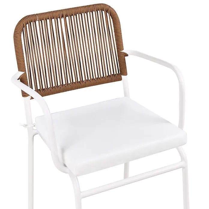 8er-Set Gartenstuhl TACENO in Weiß/Braun -  - Weißer Metallstuhl mit brauner geflochtener Seillehne und weißem Kissen.