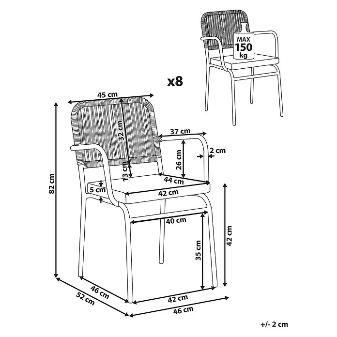 16er-Set Gartenstuhl TACENO in Weiß/Braun -  - Stuhl mit geflochtener Rückenlehne und Armlehnen, mit detaillierten Maßen. Max. Belastung 150 kg. Im 8er-Set erhältlich.