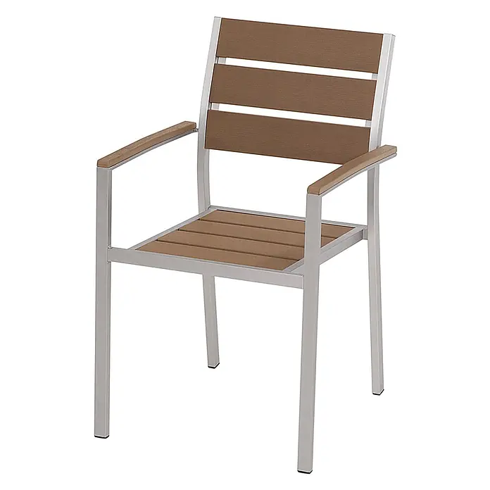 6er-Set Gartenstuhl VERNIO in Braun/Silber -  - Outdoor-Stuhl mit silbernem Metallrahmen und brauner Holzoptik-Latten-Sitzfläche, Rückenlehne und Armlehnen.