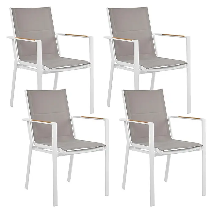 4er-Set Gartenstuhl BUSSETO in Weiß/Grau/Braun -  - Set aus 4 Outdoor-Sesseln mit weißen Aluminiumgestellen, grauem Textilene-Gewebe und Armlehnenakzenten in Holzoptik.