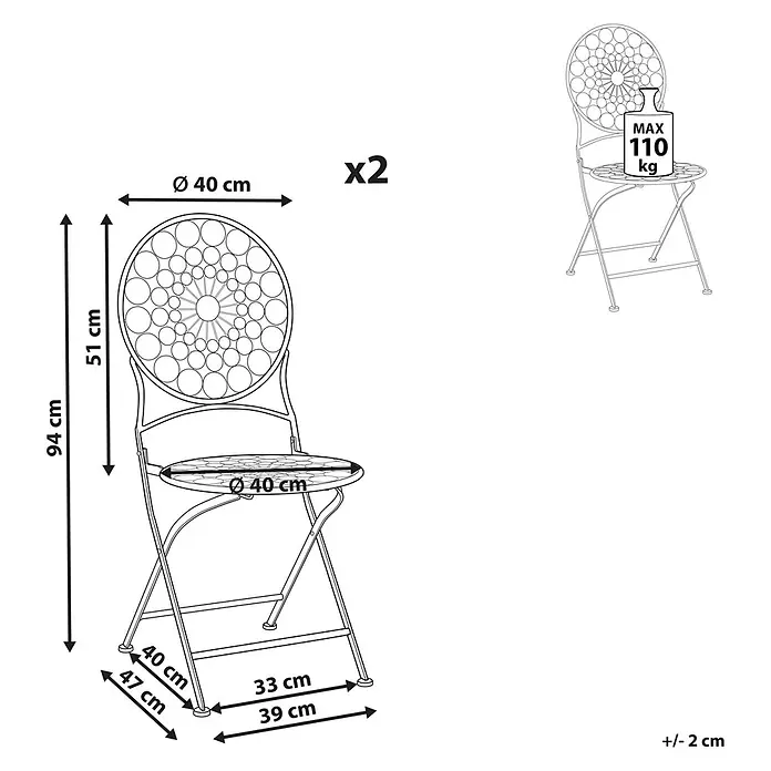 2er-Set Gartenstuhl SCARIO in Rot -  - Zwei Klappstühle aus Metall mit Verzierungen. Maße H94cm, Sitz Ø40cm. Max. Belastung 110kg.