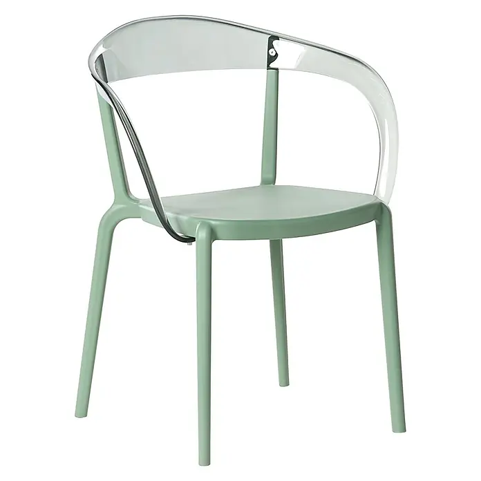 4er-Set Gartenstuhl MALEVIZI in Grün/Transparent -  - Moderner Stuhl mit salbeigrüner Basis und Sitzfläche, mit geschwungener transparenter Rückenlehne und Armlehnen aus Acryl.
