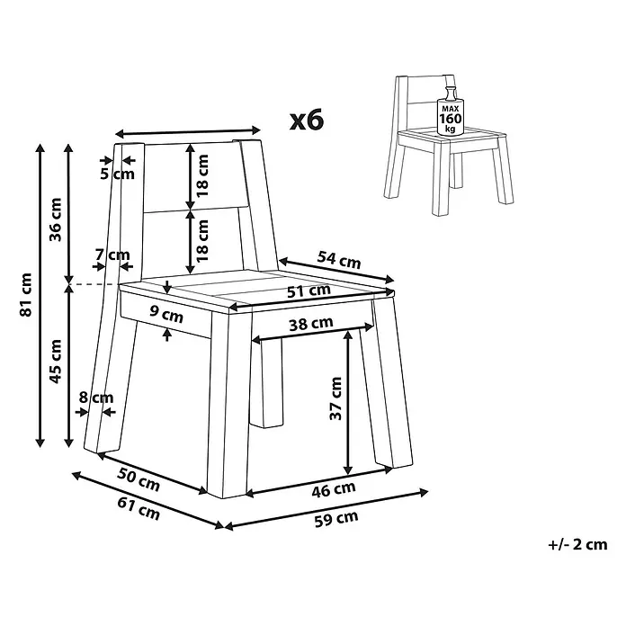 Beliani Gartenstuhl-Set LIVORNO - 6 Stk., Akazienholz, Braun, B x T x H: 59 x 61 x 81 cm - Technische Zeichnung eines Stuhls mit allen Maßen, einer maximalen Tragfähigkeit von 160 kg und dem Hinweis 'x6'.