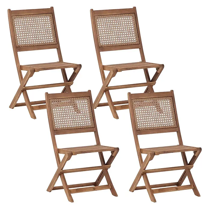 4er-Set Gartenstuhl PARAGGI in Braun -  - Set aus vier klappbaren Holzstühlen mit geflochtenen Rattanlehnen.