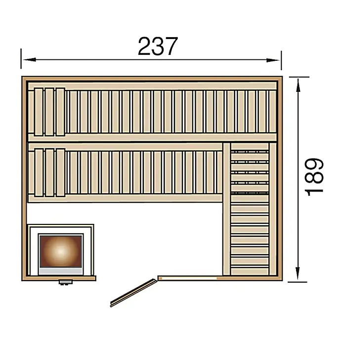 Weka Massivholzsauna VALIDA 9,0 kW K GT/F Gr.4 - Elektroofen, Steuerung Ofen: Integriert, L x B x H: 239 x 203,5 x 189 cm - Grundriss einer Sauna mit den Maßen 237 x 189, der die Anordnung von Bänken, Ofen und Tür zeigt.