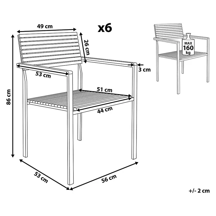 6er-Set Gartenstuhl VIAREGGIO in Braun/Silber -  - 6er Set Outdoor-Stühle, 86x53x56 cm, mit Lattenrost-Sitz und -Rücken. Max. Belastung 160 kg. Maße +/- 2 cm.