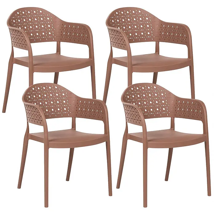 4er-Set Esszimmerstuhl NARINO in Braun -  - Vier braune Kunststoffstühle mit Armlehnen und perforierten Rückenlehnen im Rattan-Stil.