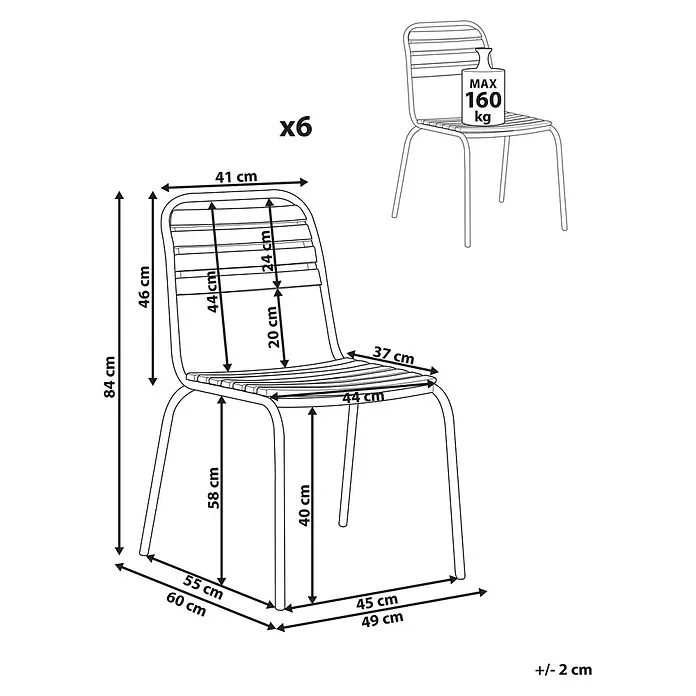 Beliani Gartenstuhl-Set VALLESE - 6 Stk., Akazienholz, Braun, B x T x H: 49 x 40 x 84 cm - Stapelbarer Stuhl mit Lattenrückenlehne und Sitzfläche, Maße und 160 kg Tragfähigkeit.