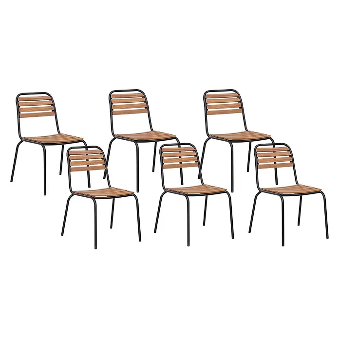 Beliani Gartenstuhl-Set VALLESE - 6 Stk., Akazienholz, Braun, B x T x H: 49 x 40 x 84 cm - Sechs Stühle mit schwarzen Metallgestellen und Lattenrosten aus Holz für Sitzfläche und Rückenlehne.