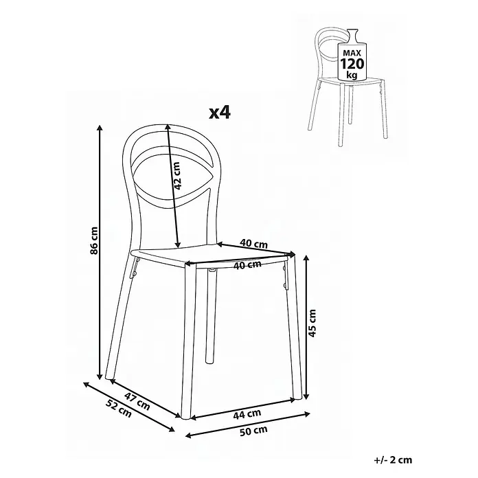 4er-Set Gartenstuhl COVOLO in Schwarz -  - Stuhl-Skizze mit Maßen: Gesamthöhe 86 cm, Sitzhöhe 45 cm, max. Belastung 120 kg. Wird im 4er-Set verkauft.