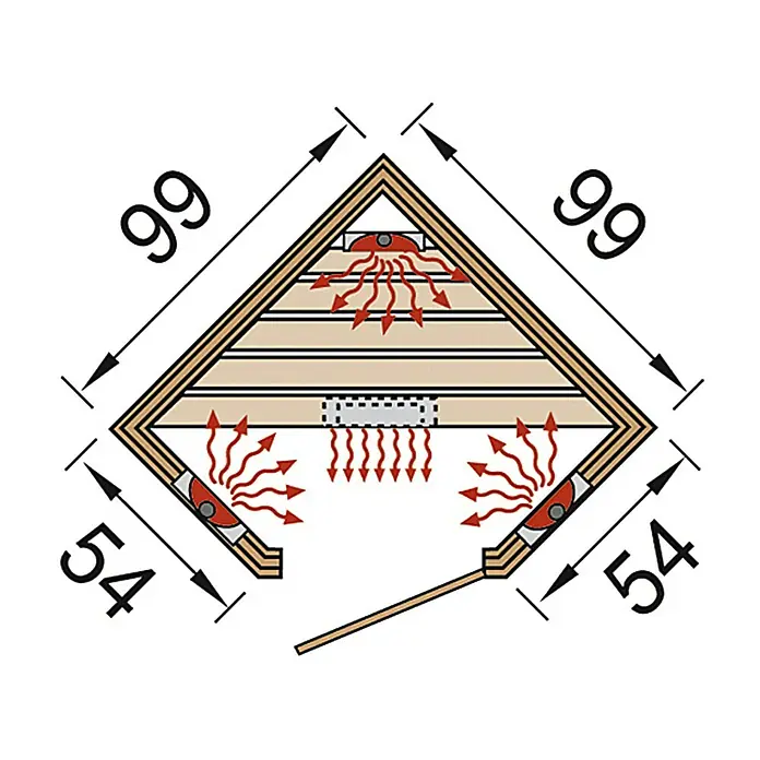 Weka Infrarotkabine Tanilla Eck - 1.400 W, 4 Keramikstrahler, 99 x 99 x 190 cm - Draufsicht auf ein dreieckiges Saunadesign mit den Maßen 99x99x54. Zu sehen sind die Heizung und der Luftstrom.