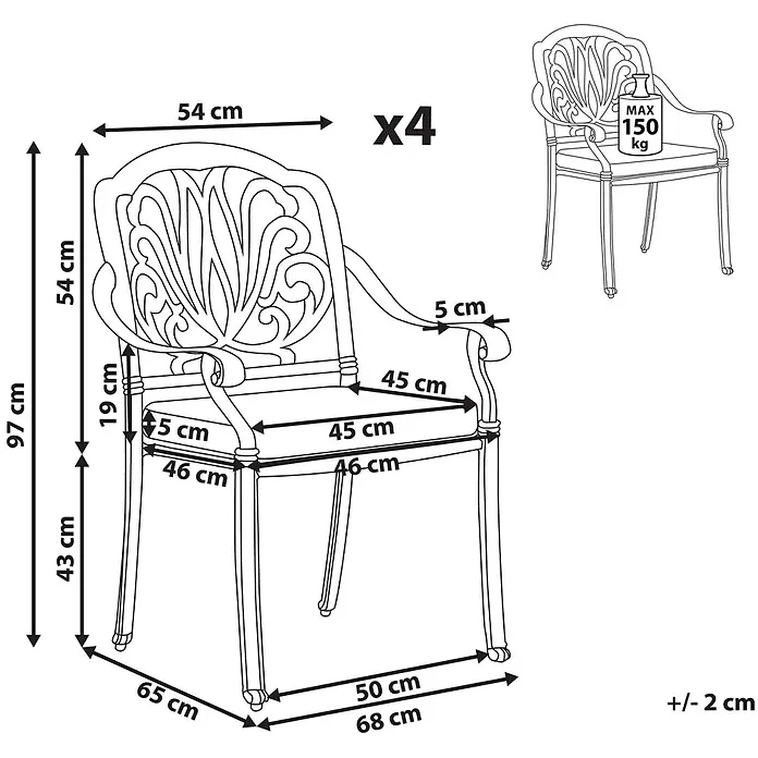 8er-Set Gartenstuhl ANCONA in Weiß/Grün -  - Set aus 4 verzierten Metallstühlen. H 97cm, Sitz H 43cm, B 68cm, T 65cm. Max. Belastung 150 kg pro Stuhl.