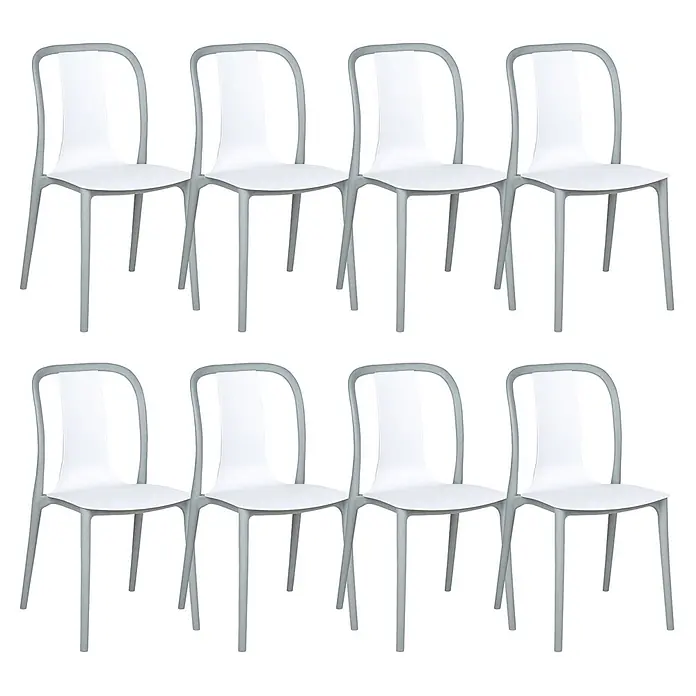 8er-Set Gartenstuhl SPEZIA in Weiß/Grau -  - Acht moderne Esszimmerstühle mit weißen Sitzen und grauen Gestellen.
