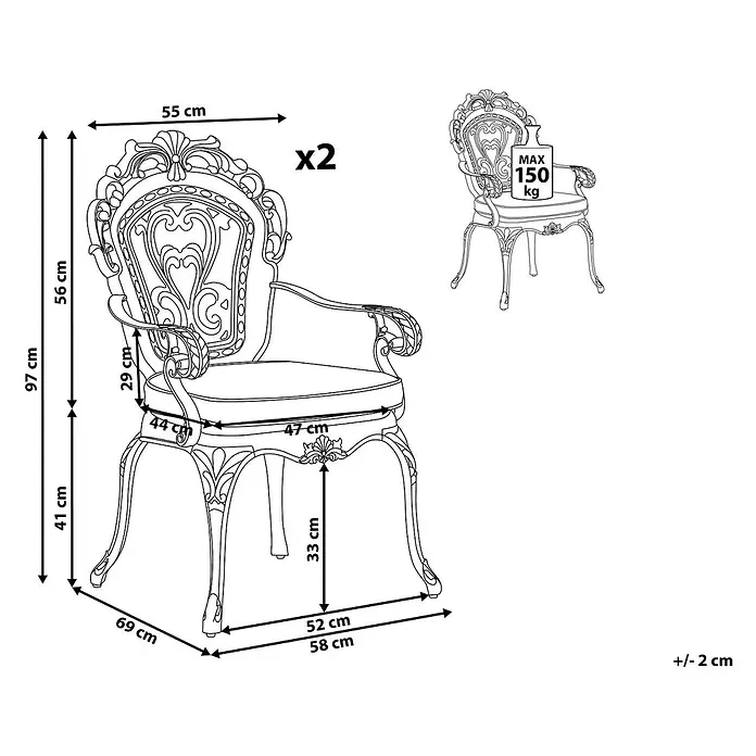 Beliani Gartenstuhl-Set SAPRI - 2 Stk., Aluminium, Braun, B x T x H: 69 x 55 x 97 cm - Verzierter Sessel mit Armlehnen, 97cm hoch, 41cm Sitzhöhe. Max. Belastung 150kg.