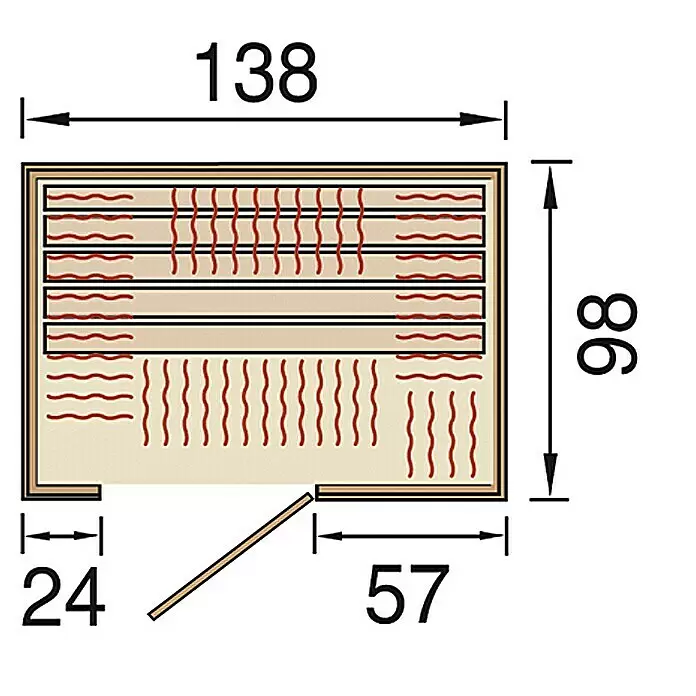 Weka Infrarotkabine Ranua - 98 x 140 x 190 cm - Grundriss einer Saunakabine, 138x86, mit internen Sitzbänken und einer Eck-Türöffnung zwischen Wandabschnitten 24 und 57.