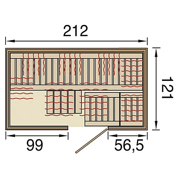 Weka Infrarotkabine Svea Relax - 3.336 W, Therm-Flächenstrahler, 121 x 212 x 199 cm - Detaillierter Bauplan einer Sauna mit genauen Maßangaben für Planung und Aufbau.